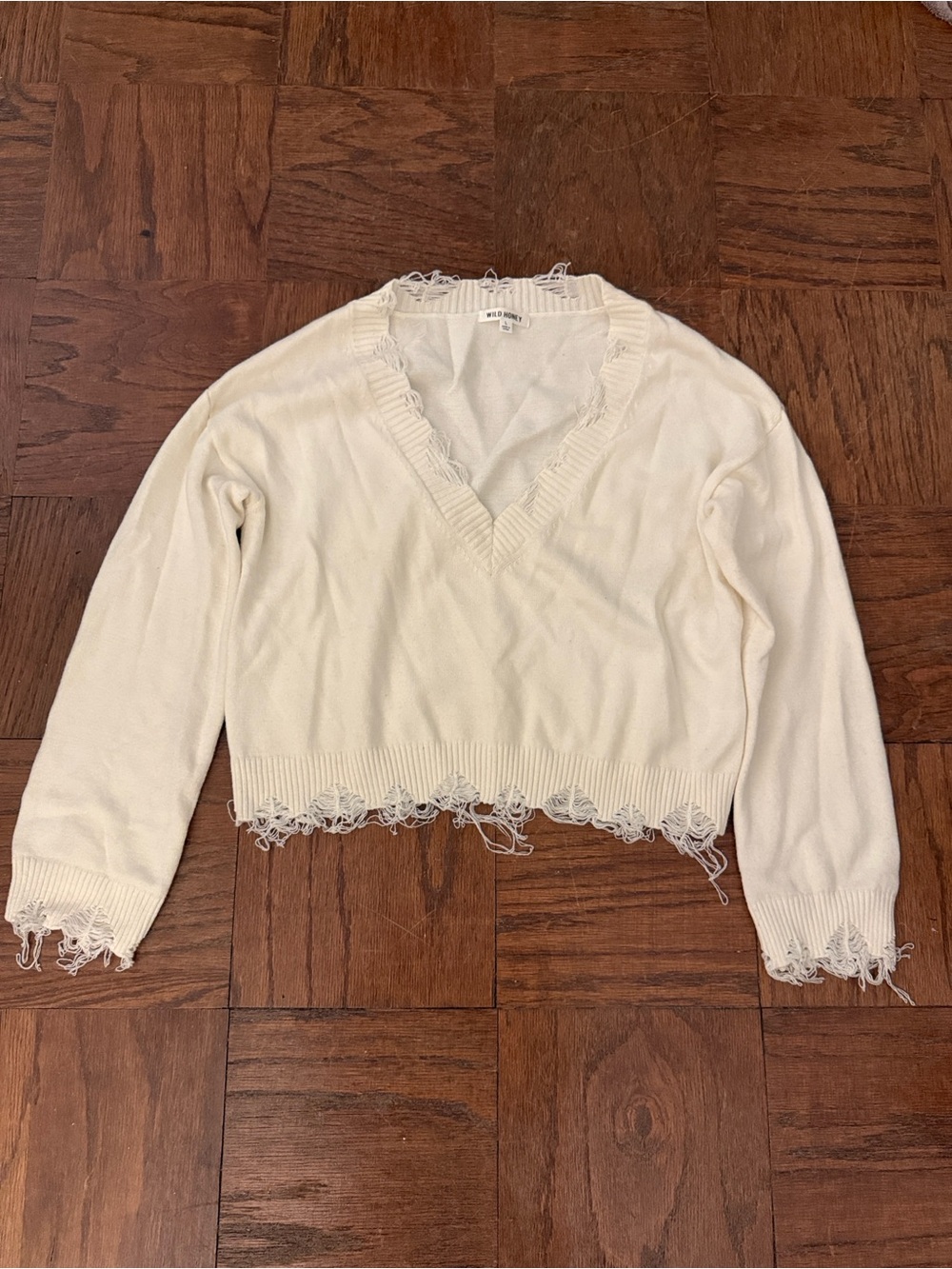 Wild Honey Cream Distressed V-Neck Sweater